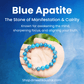 Blue Apatite bracelet held in a hand with descriptive text on a blue background