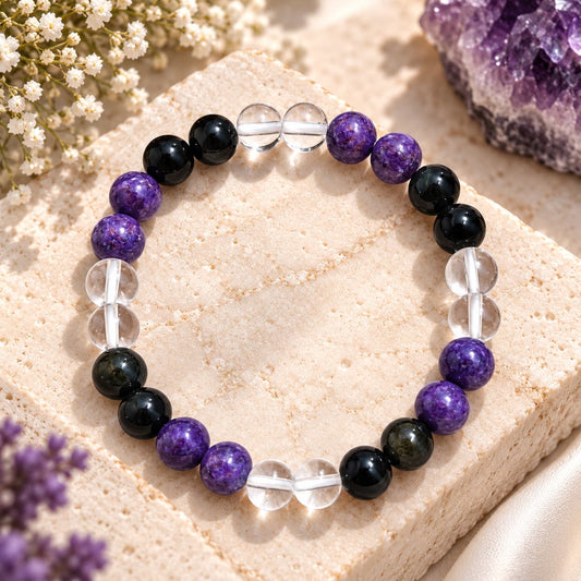 Aquarius (कुंभ) Abundance Bracelet for 2027 | Clear Quartz, Charoite and Silver Sheen Obsidian