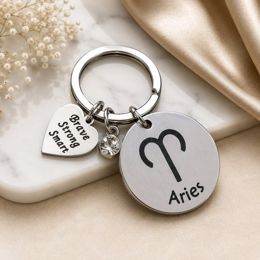 The Aries Keychain Zodiac - Strength Charm with White Corundum