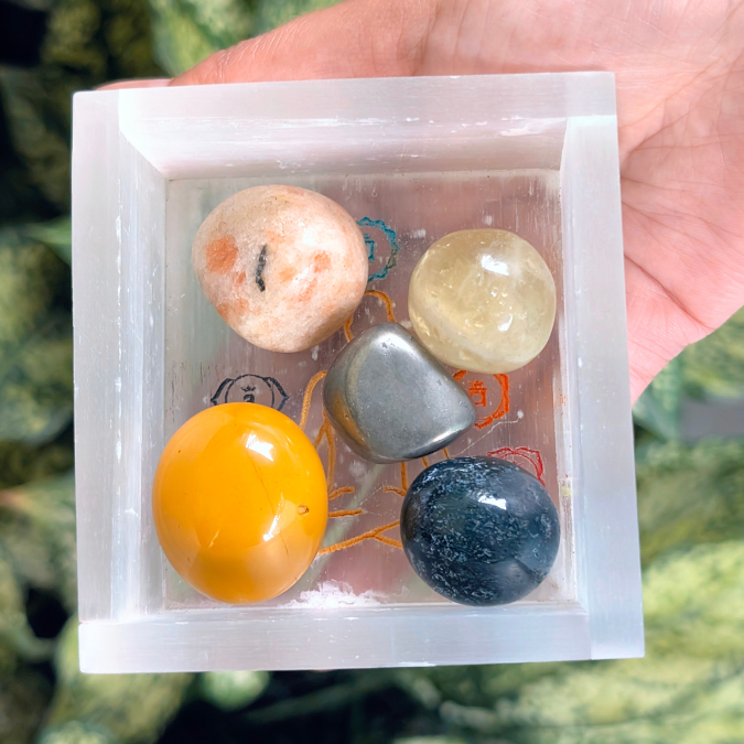 Healing Selenite crystal box with gemstone tumbles for purification