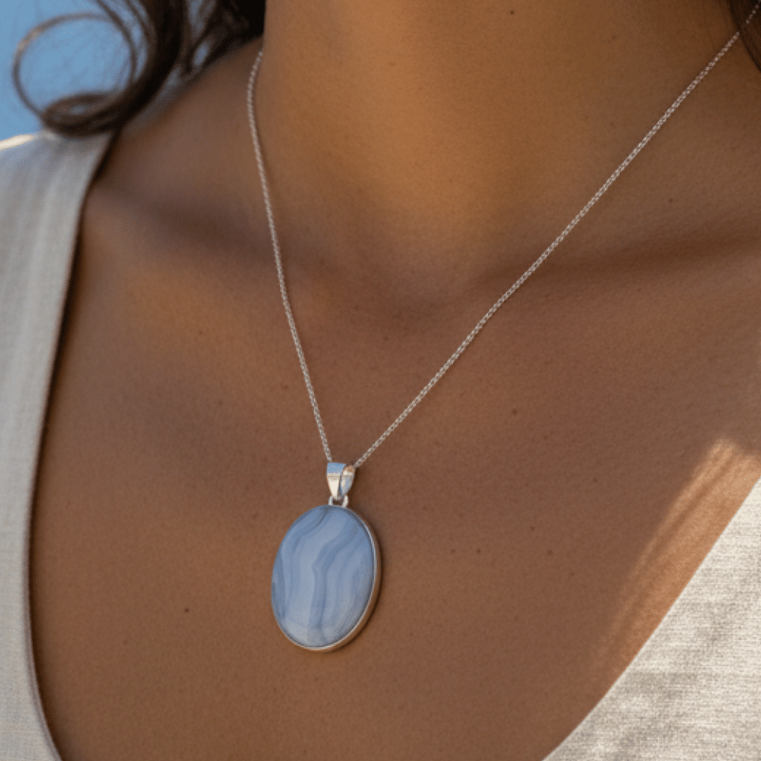 Natural Blue Lace Agate 925 Silver Pendant For Promoting Peace