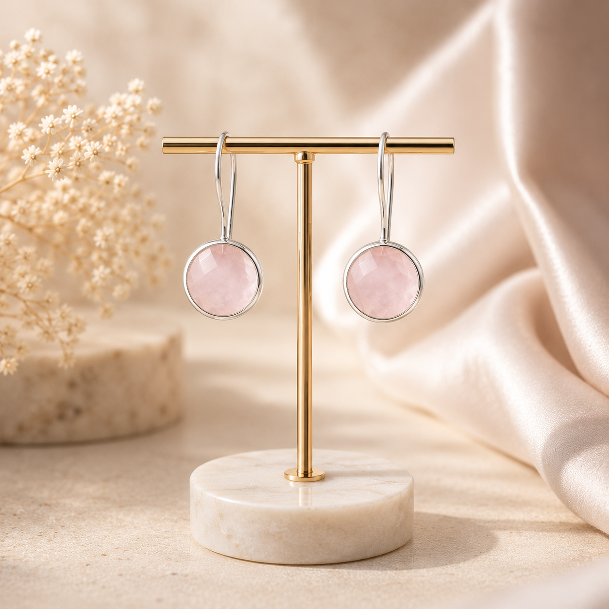 Rose Quartz Silver Hook Earrings | Love, Emotional Healing and Heart Chakra
