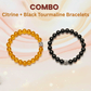 Two beaded bracelets, one yellow and one black, on a soft gradient background with 'COMBO Citrine + Black Tourmaline Bracelets' text.