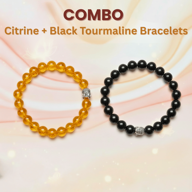 Two beaded bracelets, one yellow and one black, on a soft gradient background with 'COMBO Citrine + Black Tourmaline Bracelets' text.