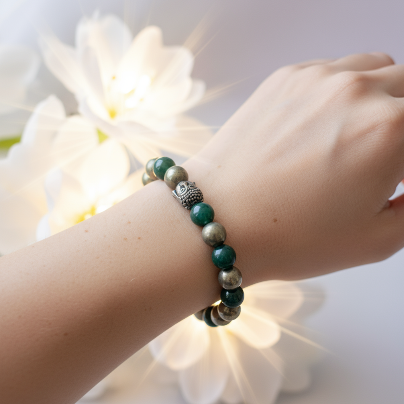 Healing Green Jade and Pyrite bracelet for harmony and good luck