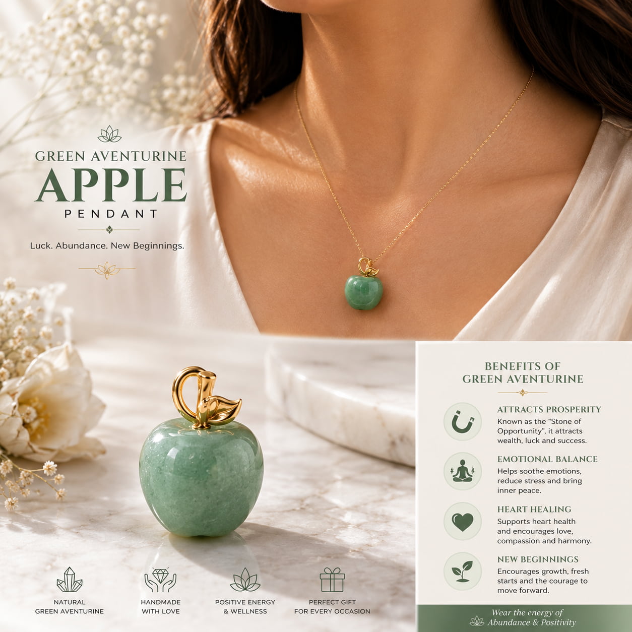 Green Aventurine Apple Pendant | Good Luck, Prosperity and Emotional Healing