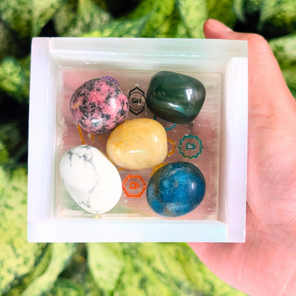 Selenite box with crystal tumbles for cleansing and energy charging