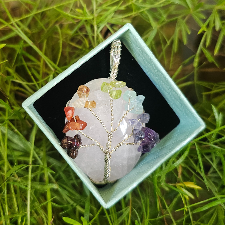 7 Chakra Tree of Life Pendant with Rose Quartz