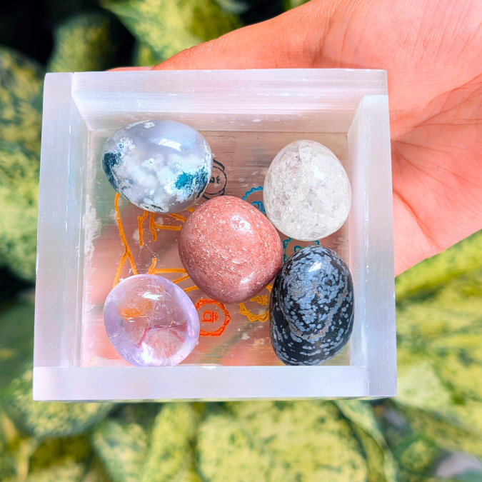Selenite box with crystal tumbles for cleansing and energy charging