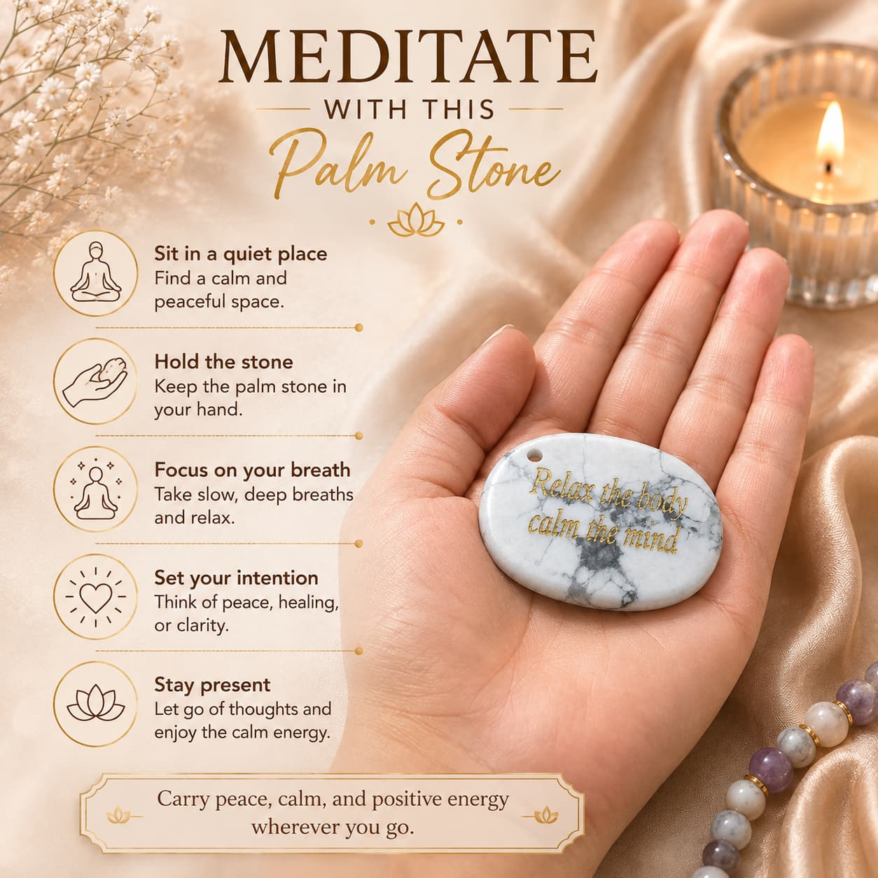 Natural Howlite Palmstone For Relaxation, Calm & Emotional Balance