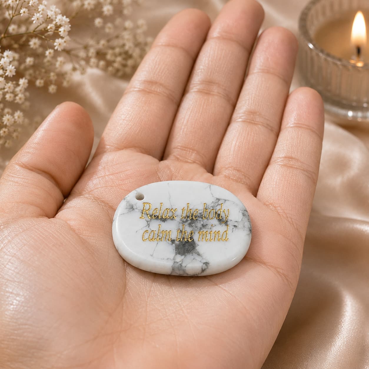 Natural Howlite Palmstone For Relaxation, Calm & Emotional Balance