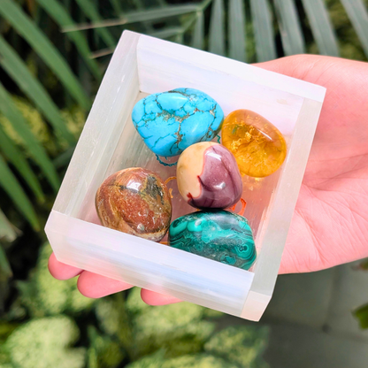 Healing Selenite crystal box with gemstone tumbles for purification