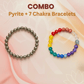 Two beaded bracelets, one pyrite and one 7 chakra, on a soft pink background with 'COMBO Pyrite + 7 Chakra Bracelets' text.