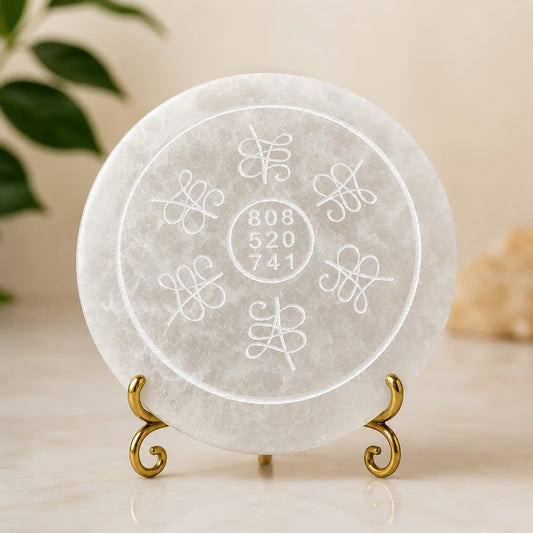 Selenite Charging Plate (8 cm) From Morocco with Zibu Money Number