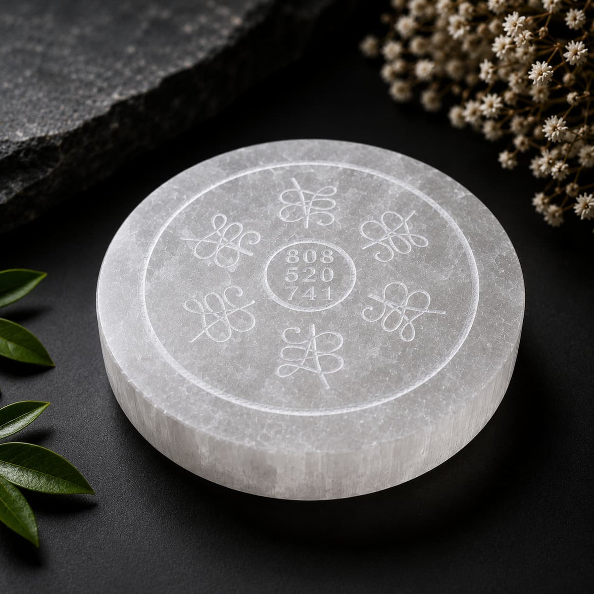 selenite plate with Zibu money number for abundance, prosperity and positive energy