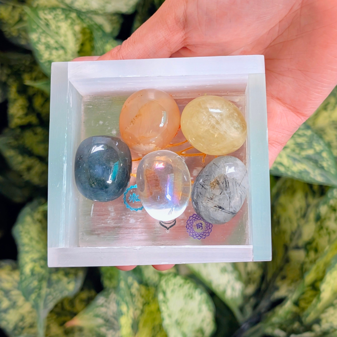 Selenite box with crystal tumbles for cleansing and energy charging