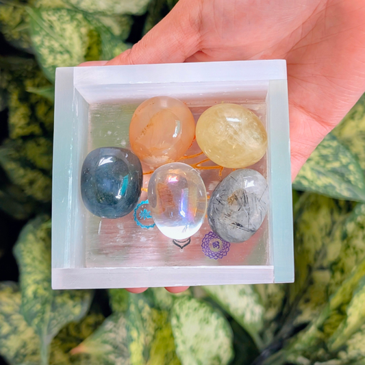 Selenite box with crystal tumbles for cleansing and energy charging