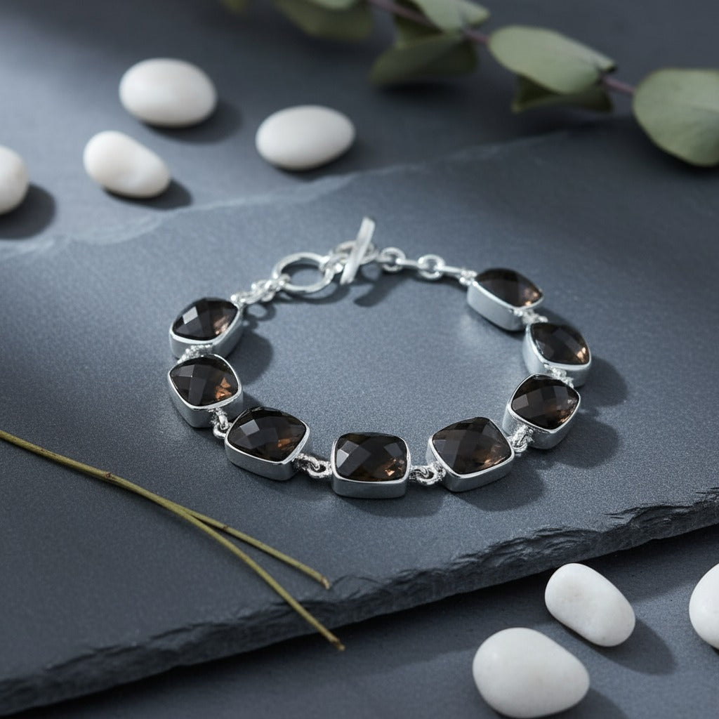 Healing Smoky Quartz crystal bracelet in sterling silver for balance