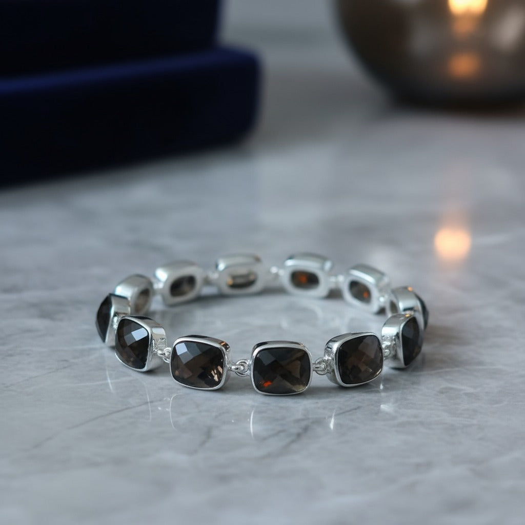 Healing Smoky Quartz crystal bracelet in sterling silver for balance