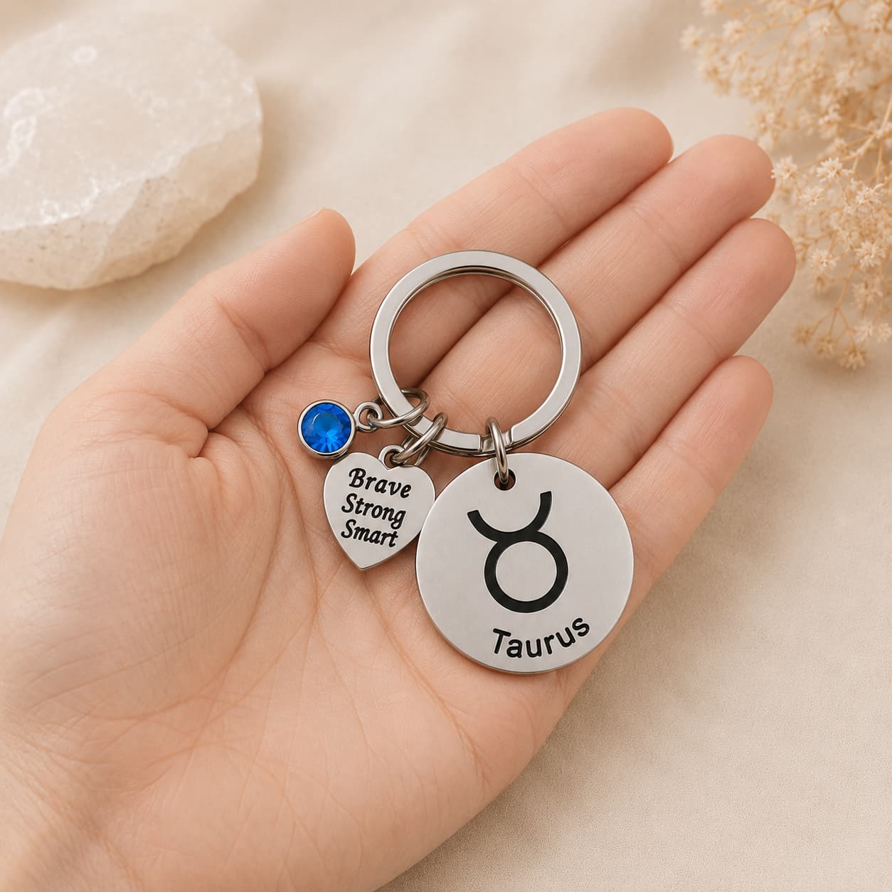 The Taurus Keychain Zodiac - Strength Charm with Blue Corundum