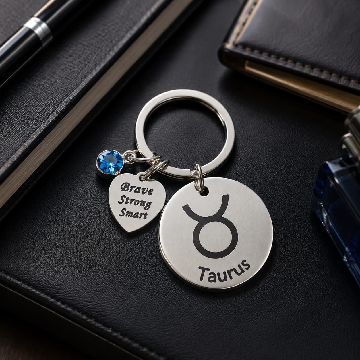 The Taurus Keychain Zodiac - Strength Charm with Blue Corundum
