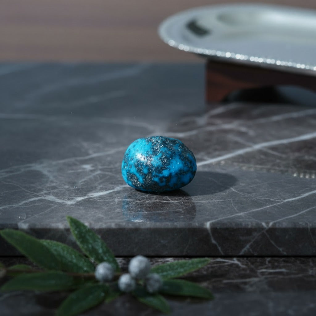 Turquoise stone on a marble surface with a blurred background