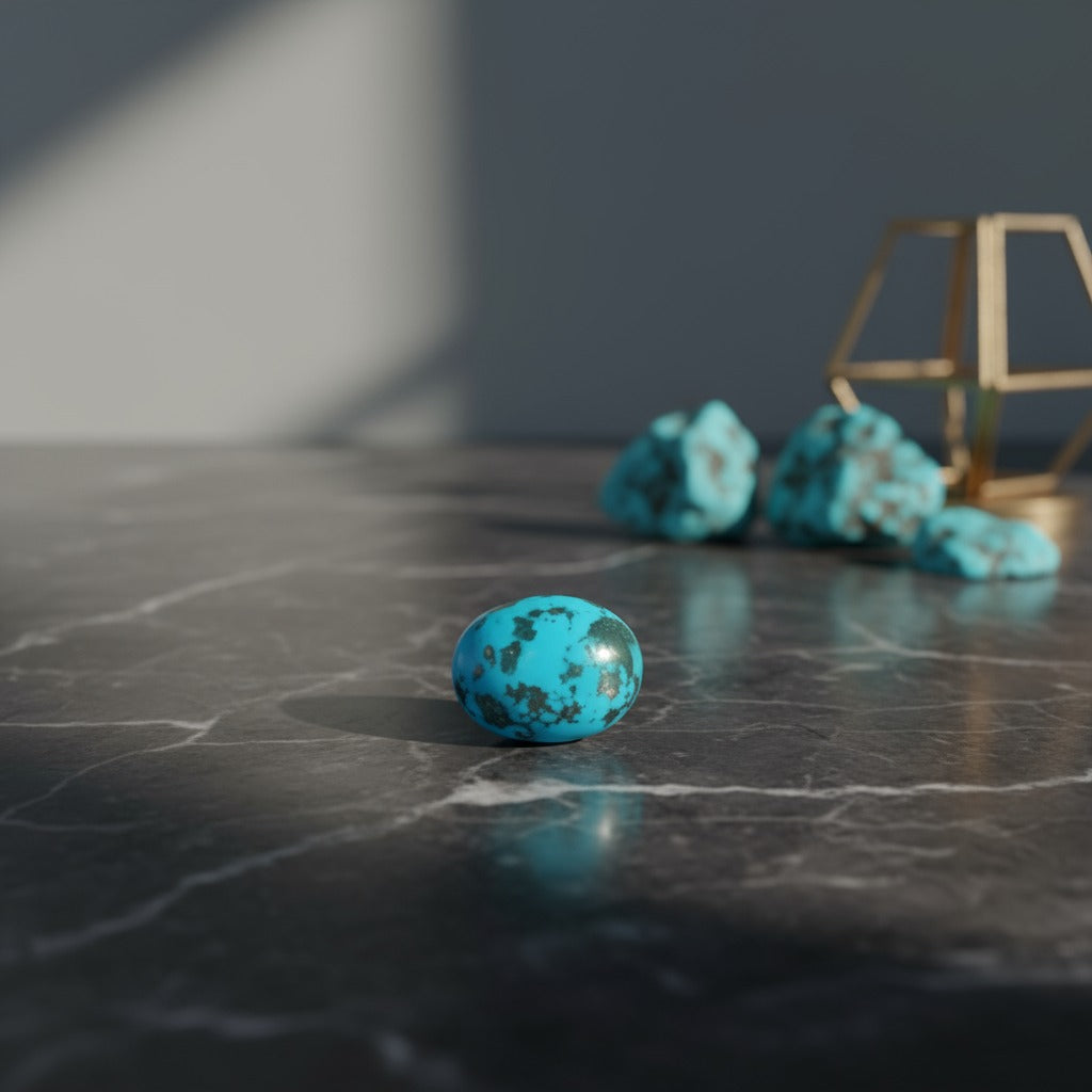 Turquoise stone on a dark marble surface with a blurred background