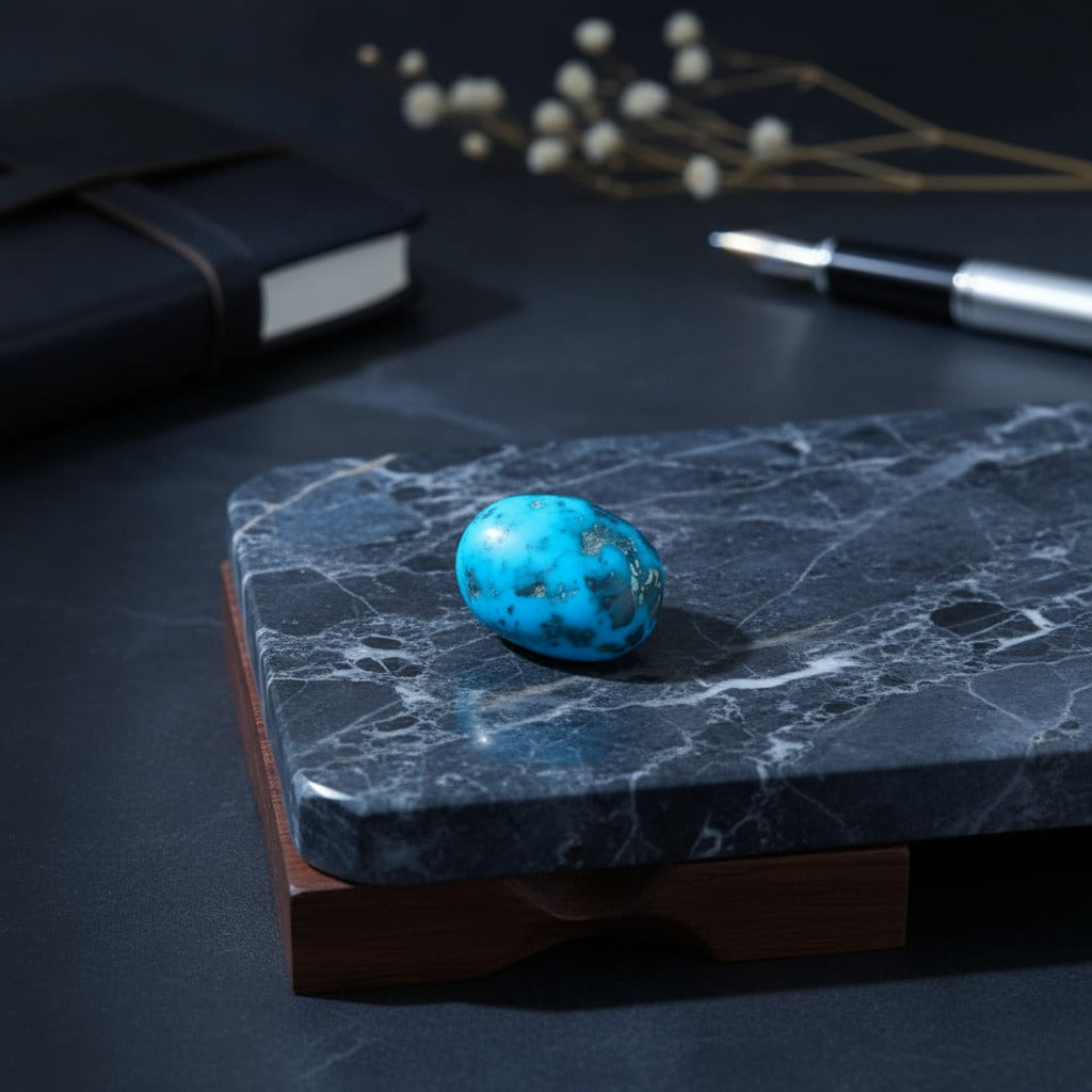 Turquoise stone on a marble coaster with a pen and notebook in the background