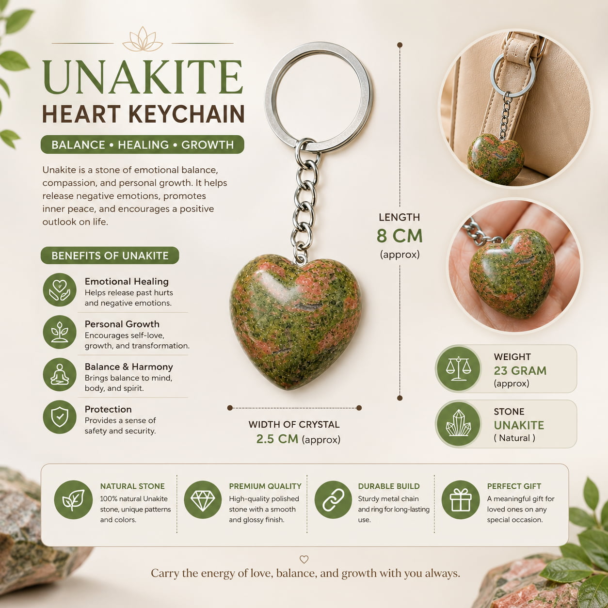 Unakite Heart Keychain For New Beginnings & Personal Growth