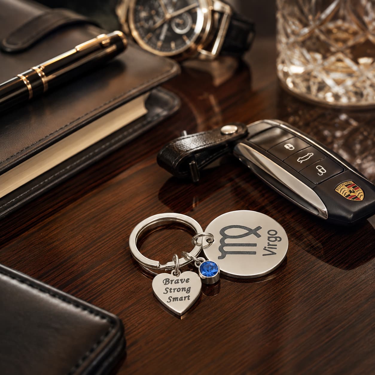 The Virgo Keychain Zodiac - Strength Charm with Blue Corundum