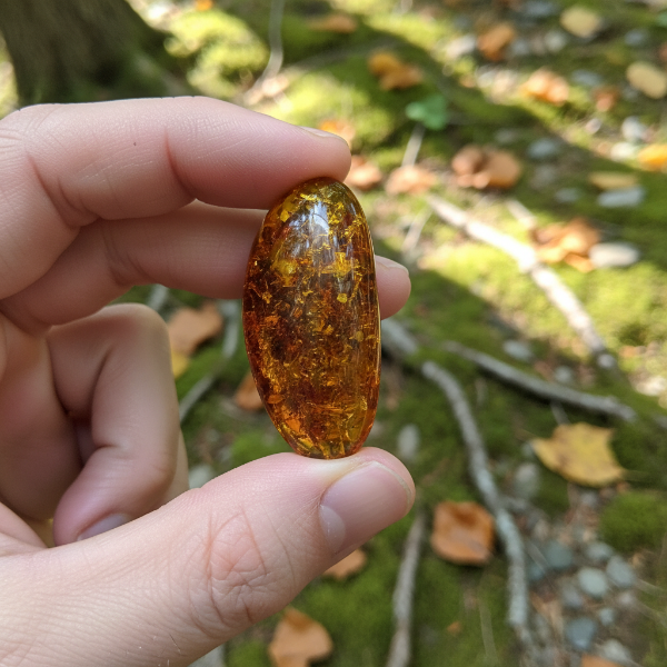 Hand holding a amber stone with a natural background of greenery