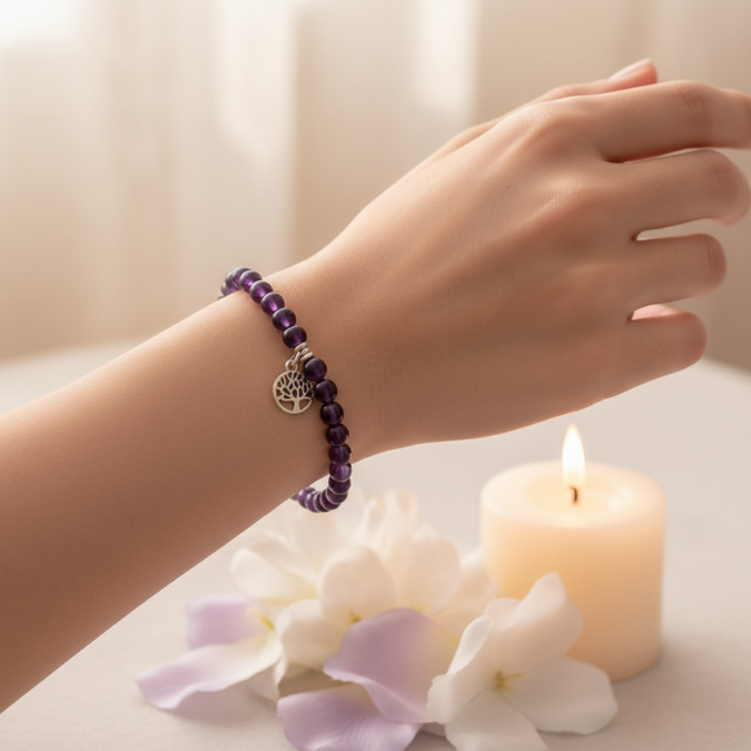 Amethyst crystal bracelet for stress relief, intuition and spiritual healing