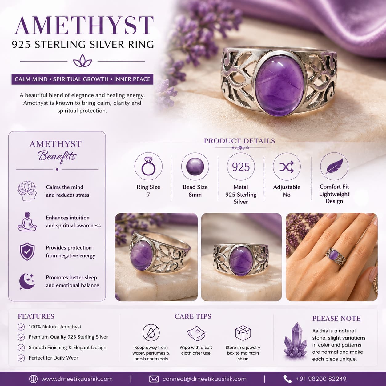 Amethyst 925 Sterling Silver Ring – Healing, Protection & Elegance