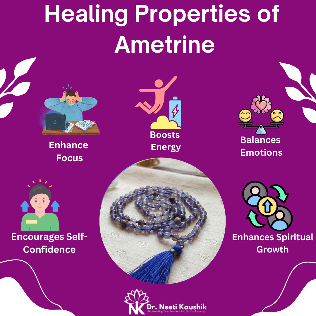 Infographic on the healing properties of ametrine with icons and text on a purple background.
