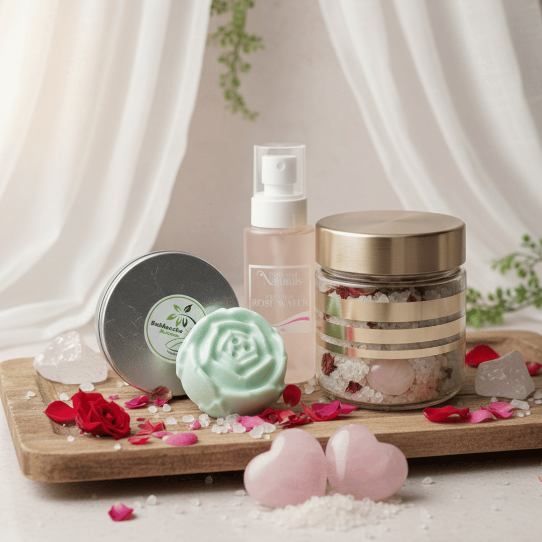 Assorted beauty products including a jar, bottle, and bath bombs on a wooden tray with a soft background.