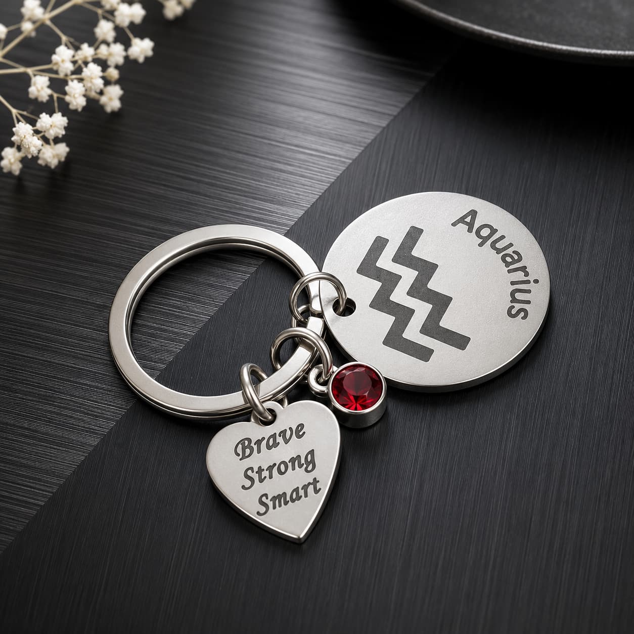The Aquarius Keychain Zodiac - Luck Charm with Blood Red Corundum