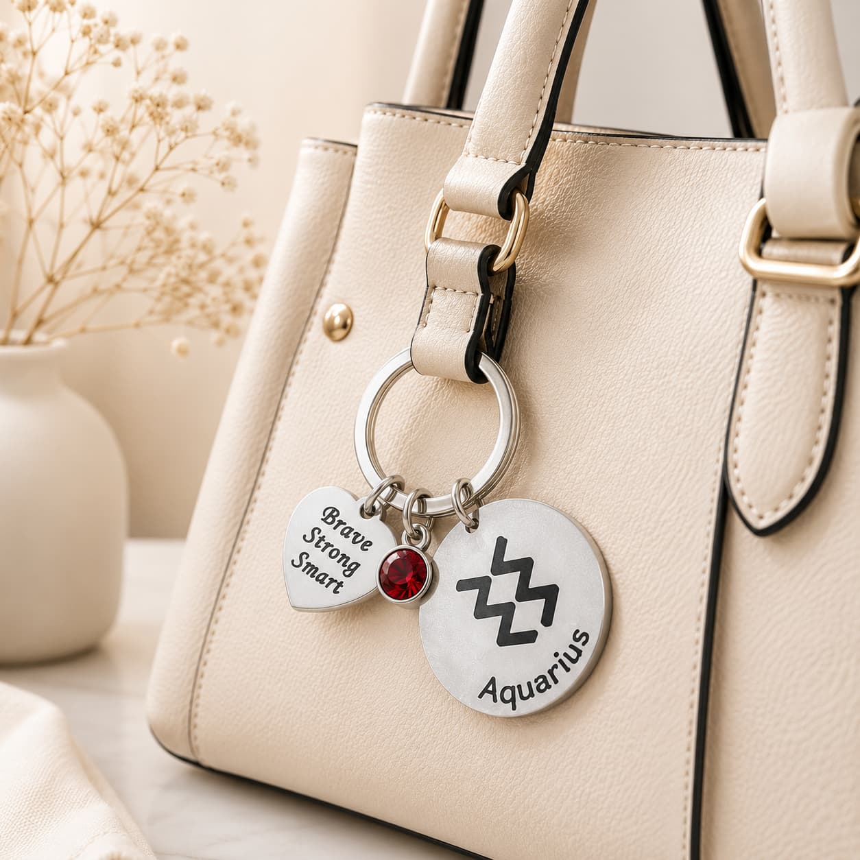 The Aquarius Keychain Zodiac - Luck Charm with Blood Red Corundum