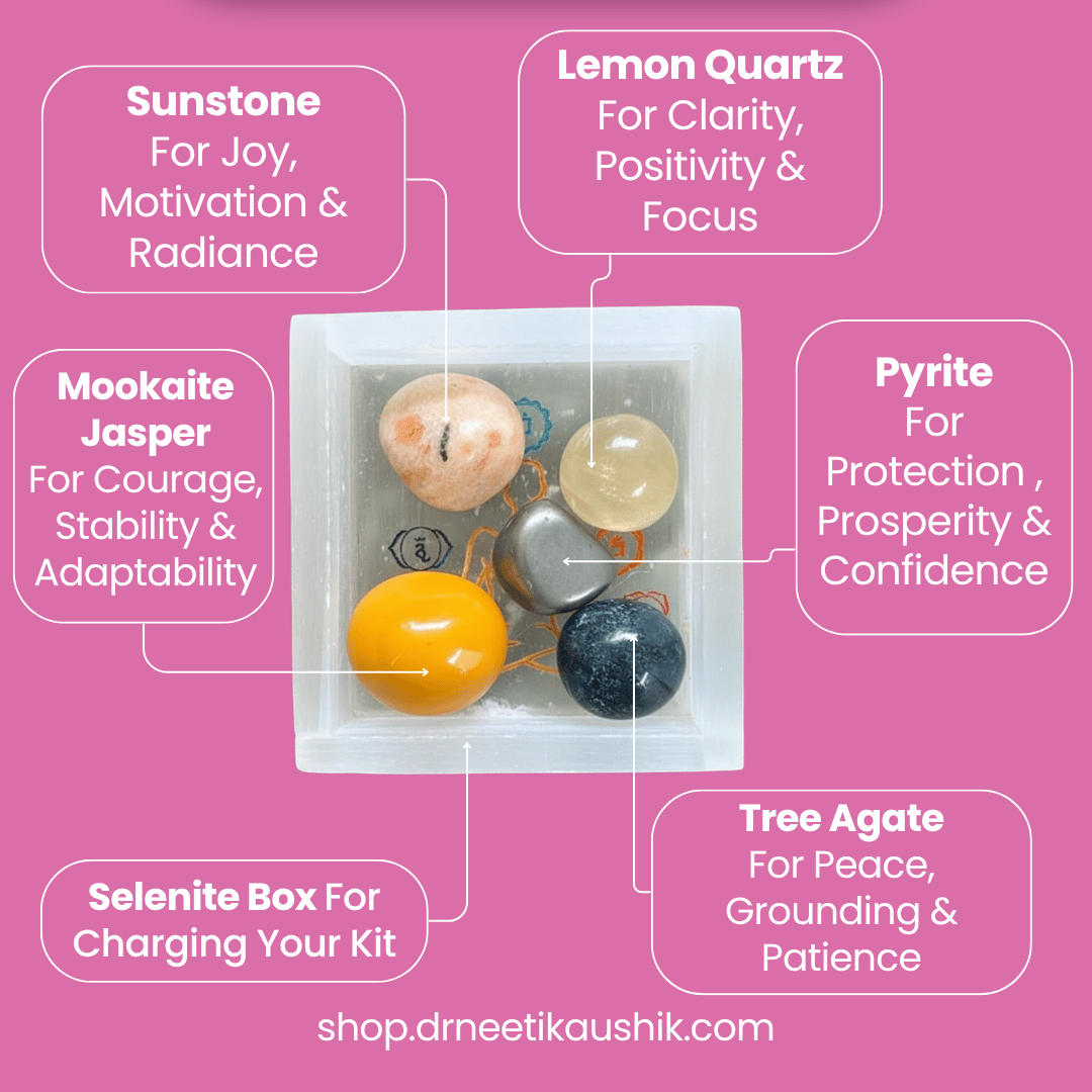 Set of crystals with their respective benefits on a pink background, featuring text and a website link.