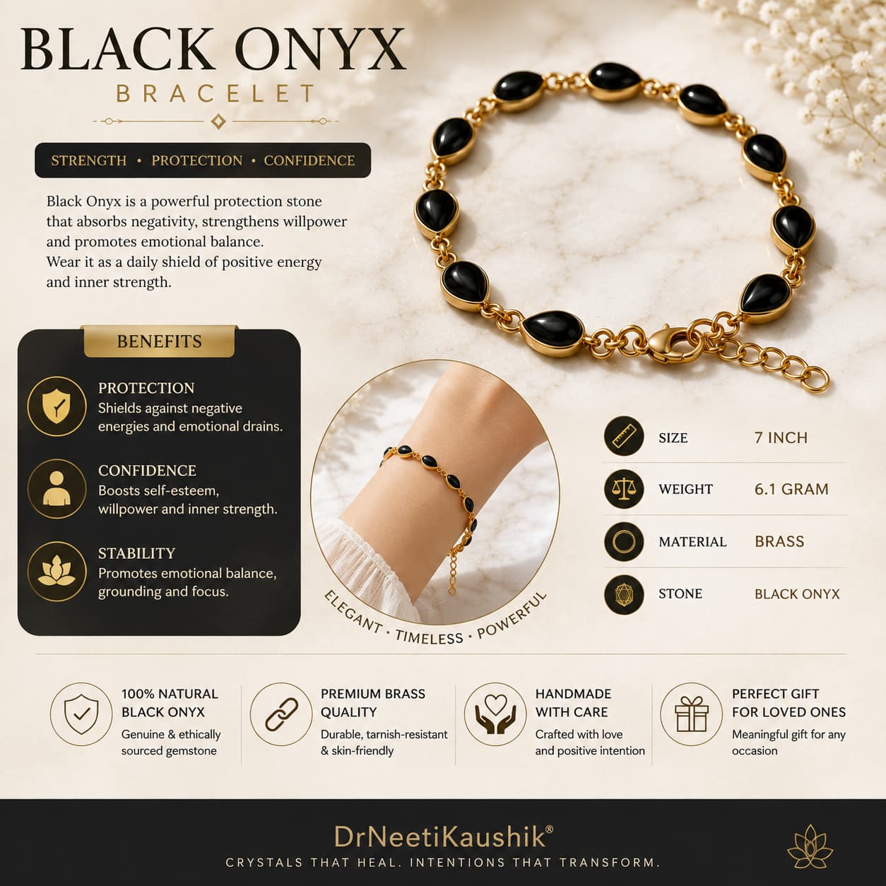 Black Onyx Bracelet In Brass For Protection, Strength & Confidence