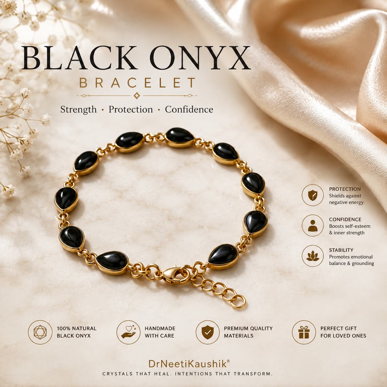 Black Onyx Bracelet In Brass For Protection, Strength & Confidence