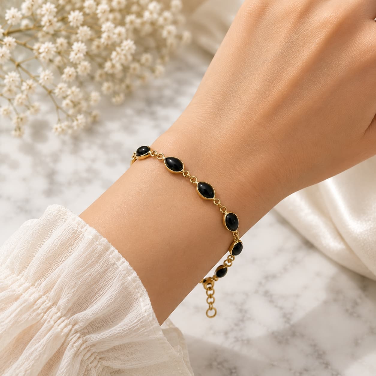 Black Onyx Bracelet In Brass For Protection, Strength & Confidence