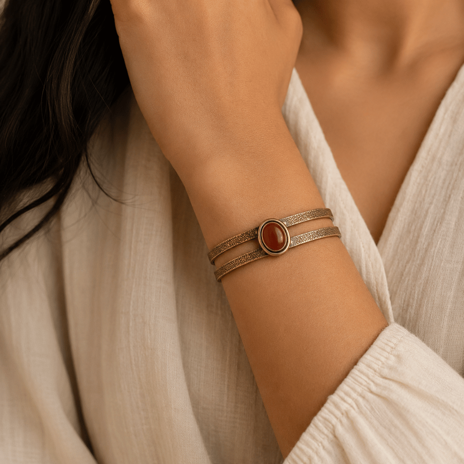 Handcrafted Brass Cuff Bracelet with Carnelian Stone For Confidence & Creative Power