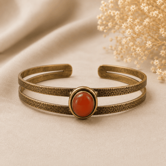 Handcrafted Brass Cuff Bracelet with Carnelian Stone For Confidence & Creative Power