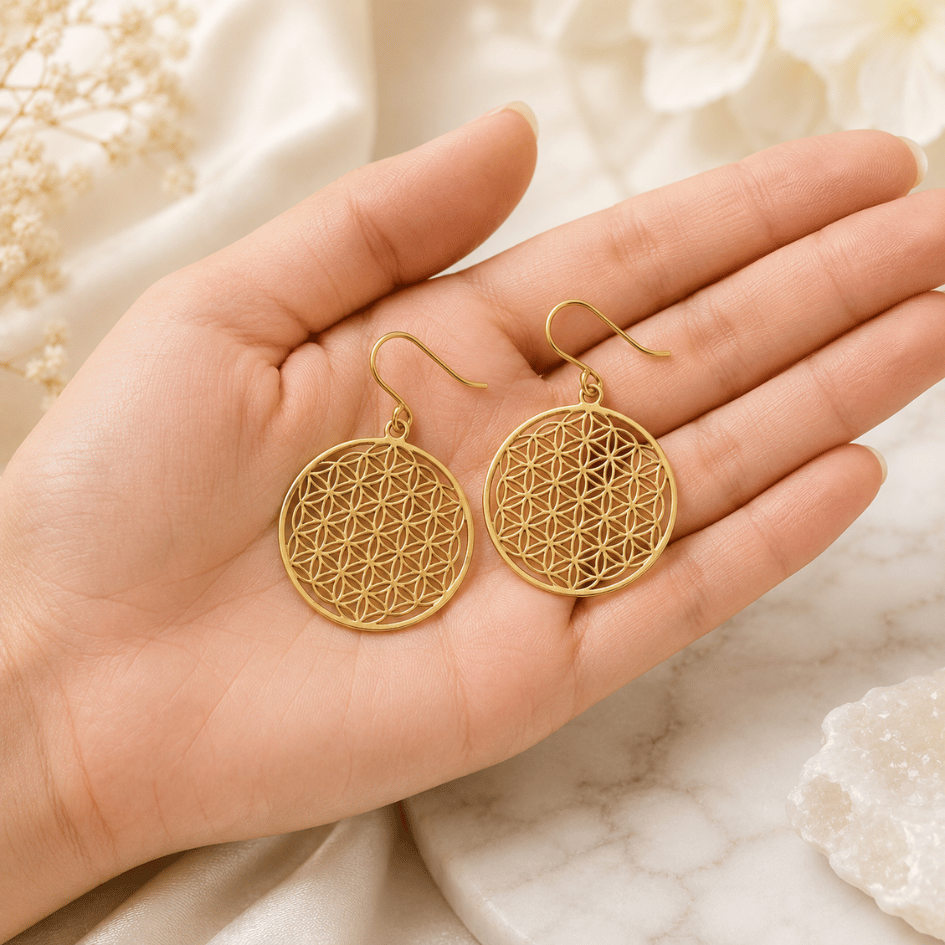 Flower of Life Brass Earrings for Manifestation, Spiritual Growth & Positive Energy