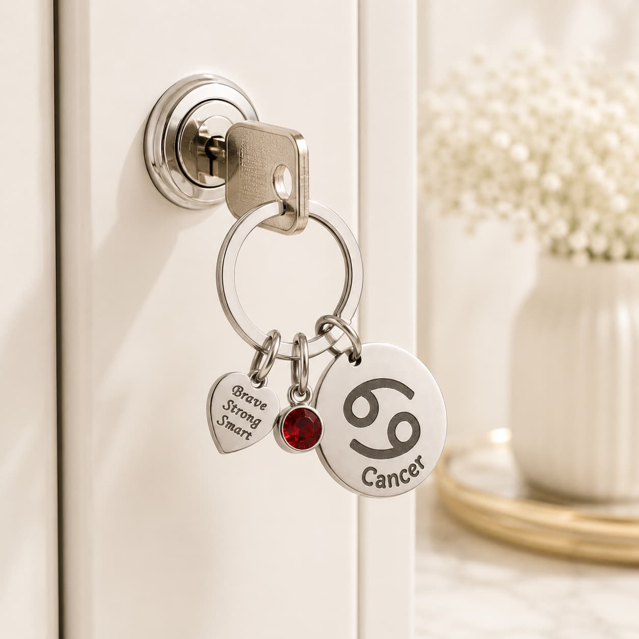 The Cancer Keychain Zodiac Strength Charm with Red Stone