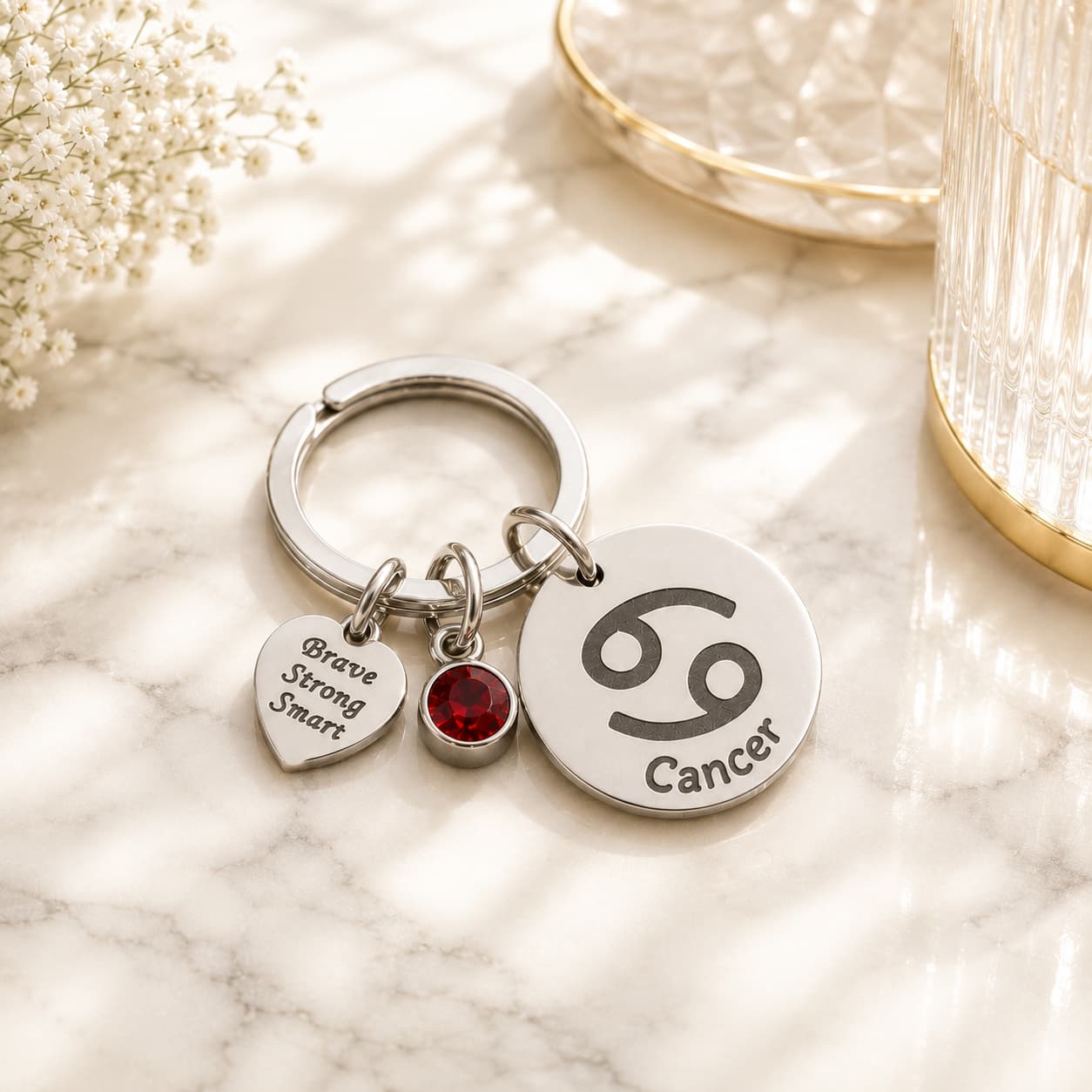 The Cancer Keychain Zodiac Strength Charm with Red Stone
