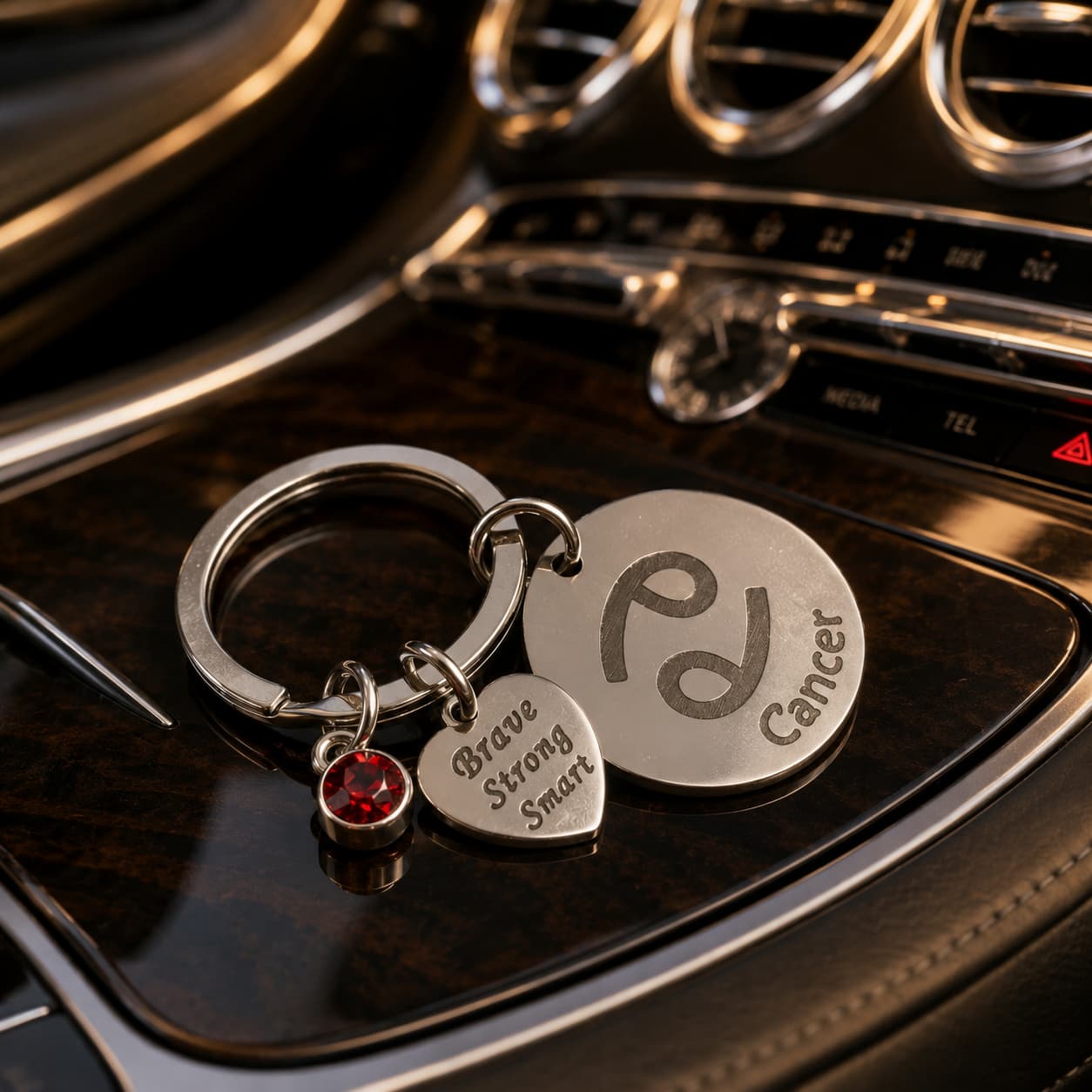 The Cancer Keychain Zodiac Strength Charm with Red Stone