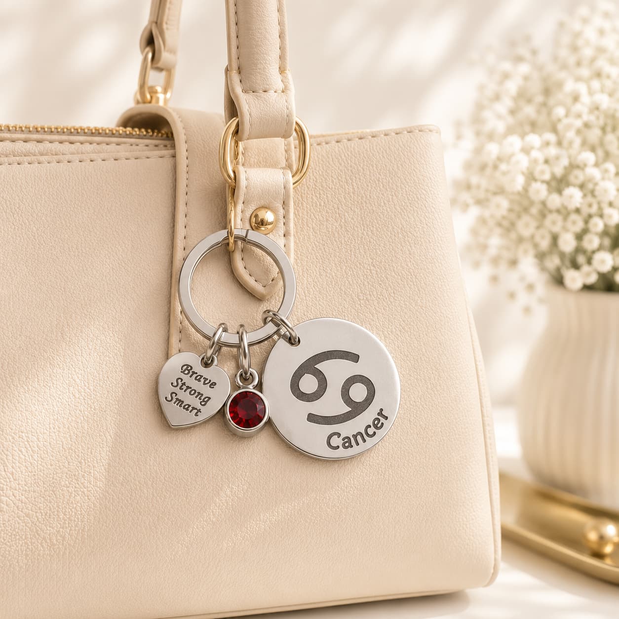 The Cancer Keychain Zodiac Strength Charm with Red Stone