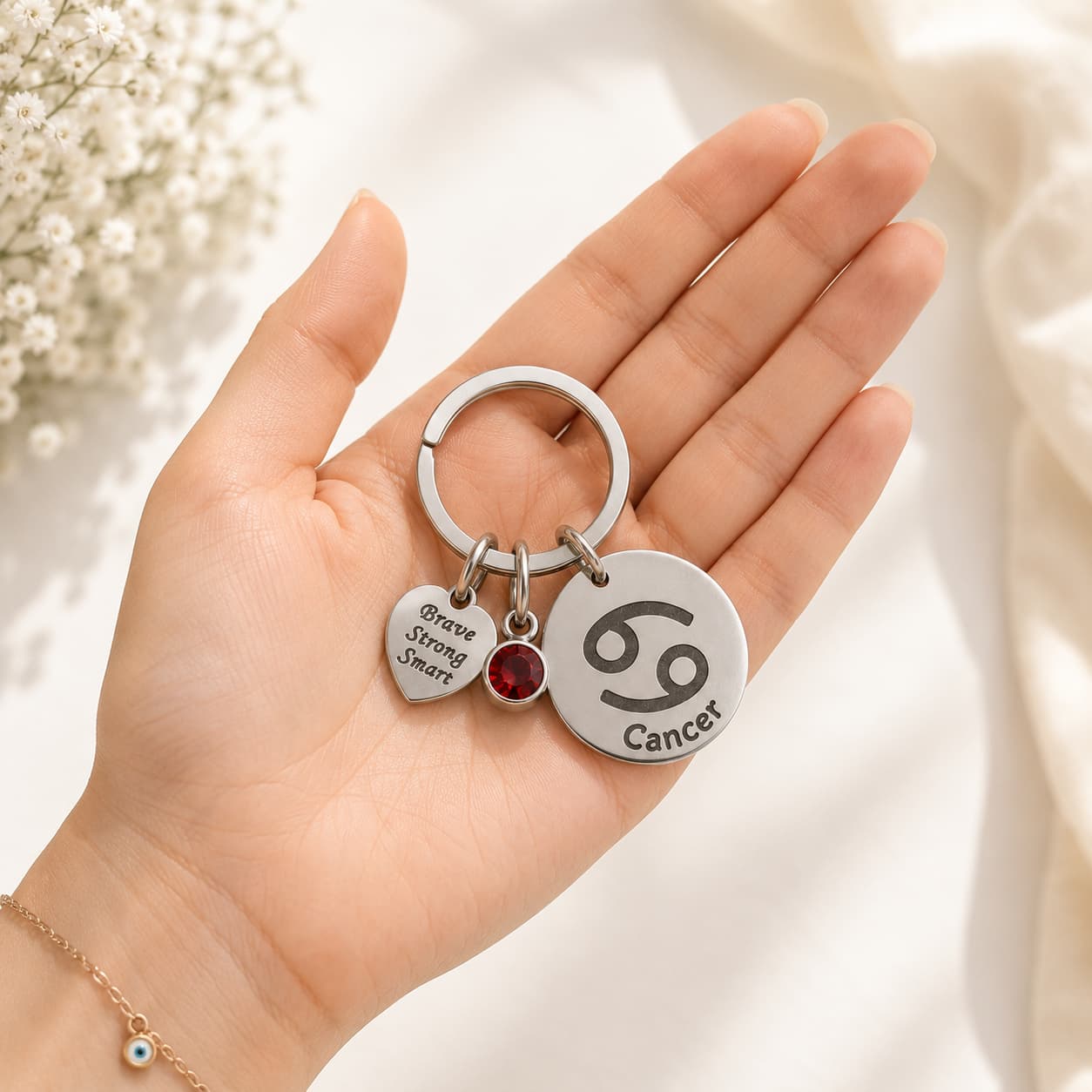 The Cancer Keychain Zodiac Strength Charm with Red Stone
