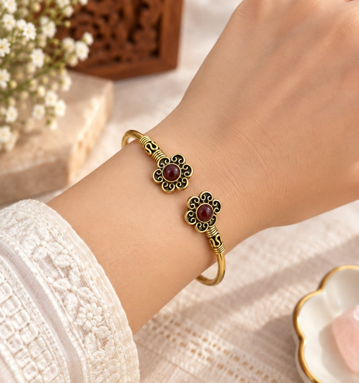 Handcrafted Brass Cuff Bracelet with Carnelian Stone For Confidence & Creative Power